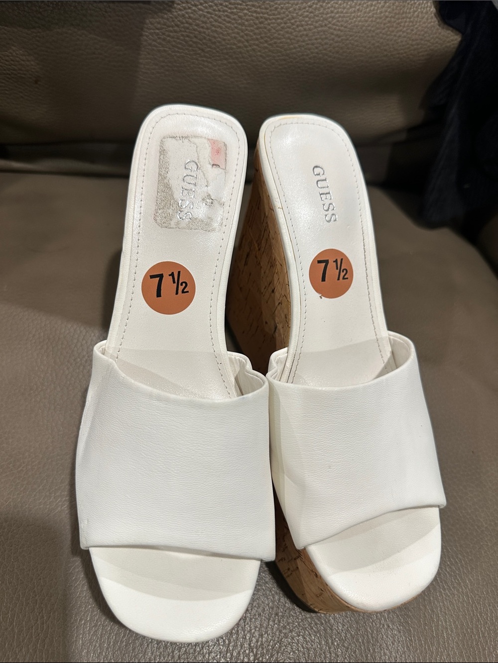GUESS White Cork Wedge Slide Sandals